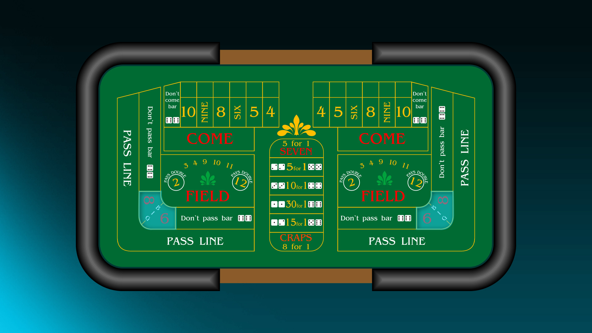 6 & 8 sections highlighted on the craps table