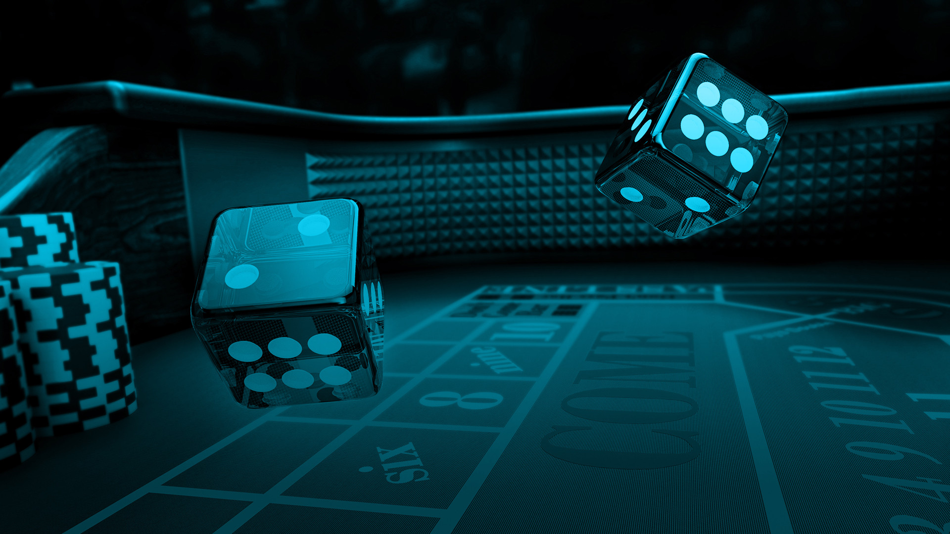 Dice and casino chips on a craps table with the word 'COME' visible.
